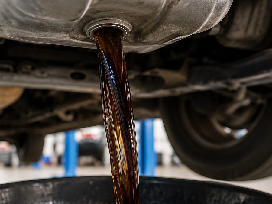 Dark old oil draining out of an engine