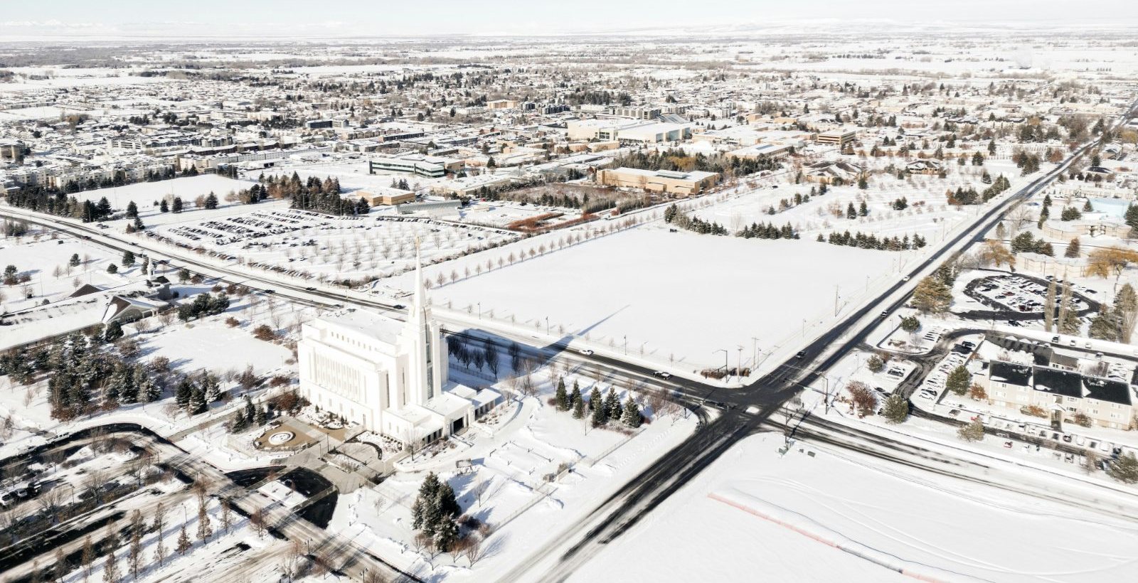 Aerial view of Rexburg, Idaho under snow